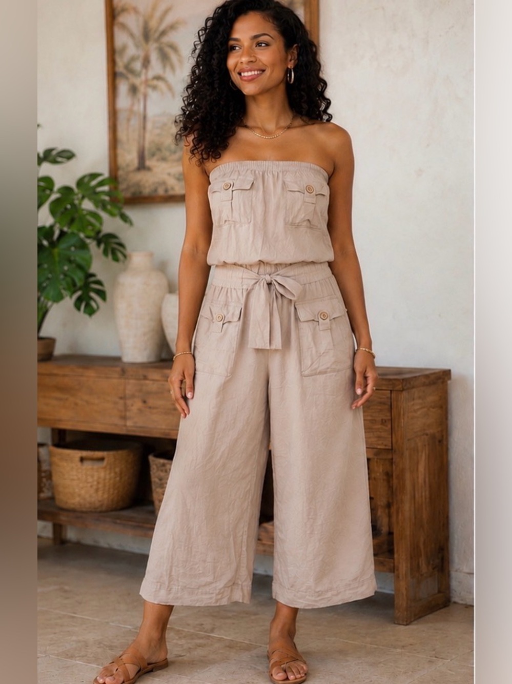 Chesley Strapless Utility Jumpsuit in Taupe Beige